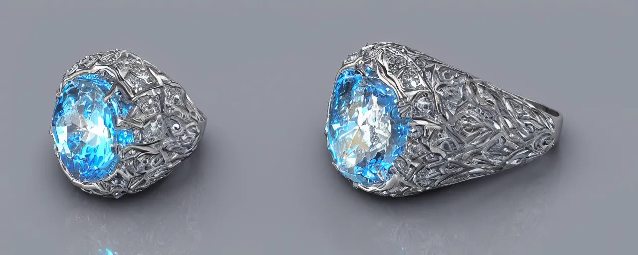 Prompt: simple silver magic crystal ring, ice, blue, gold, smooth, crystal, engravings, diamonds, product design, jewelry, colorful, art by gerald brom, greg rutkowski and artgerm, photo realism, unreal engine, c 4 d