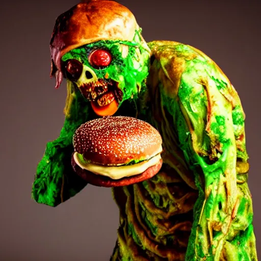 Image similar to a humanoid bipedal upright zombie that strongly resembles a hamburger, professional food photography