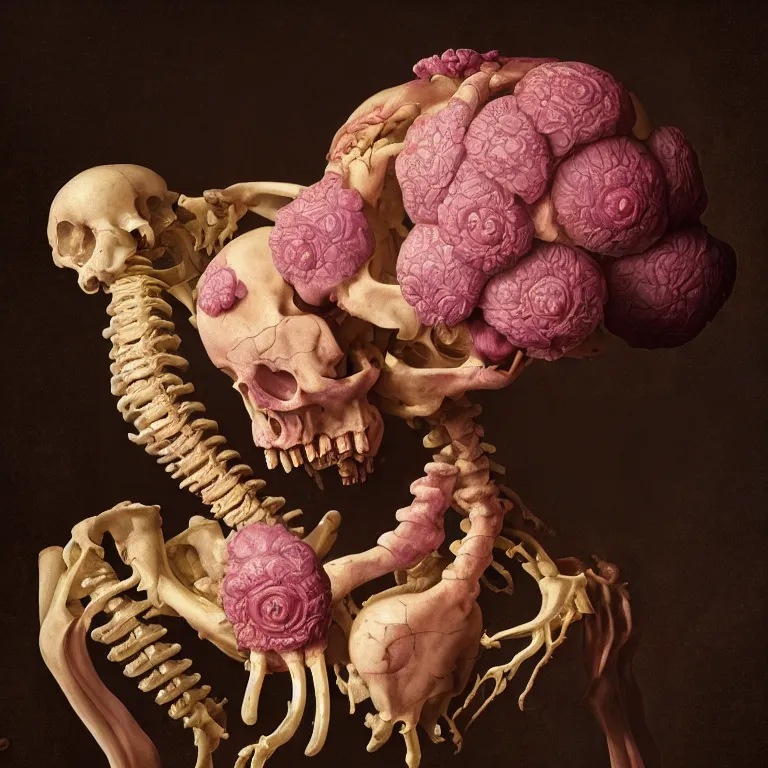 Prompt: still life of rotten flesh, beautiful pastel flowers, human spine, colorful mold, baroque painting, beautiful detailed intricate insanely detailed octane render, 8K artistic photography, photorealistic, chiaroscuro, Raphael, Caravaggio