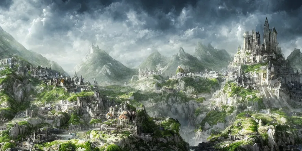 Image similar to an epic fantasy city built into the side of a mountain, white walls, white towers. farms and field at the base of the city. An ocean in the background. high fantasy detailed digital matte painting