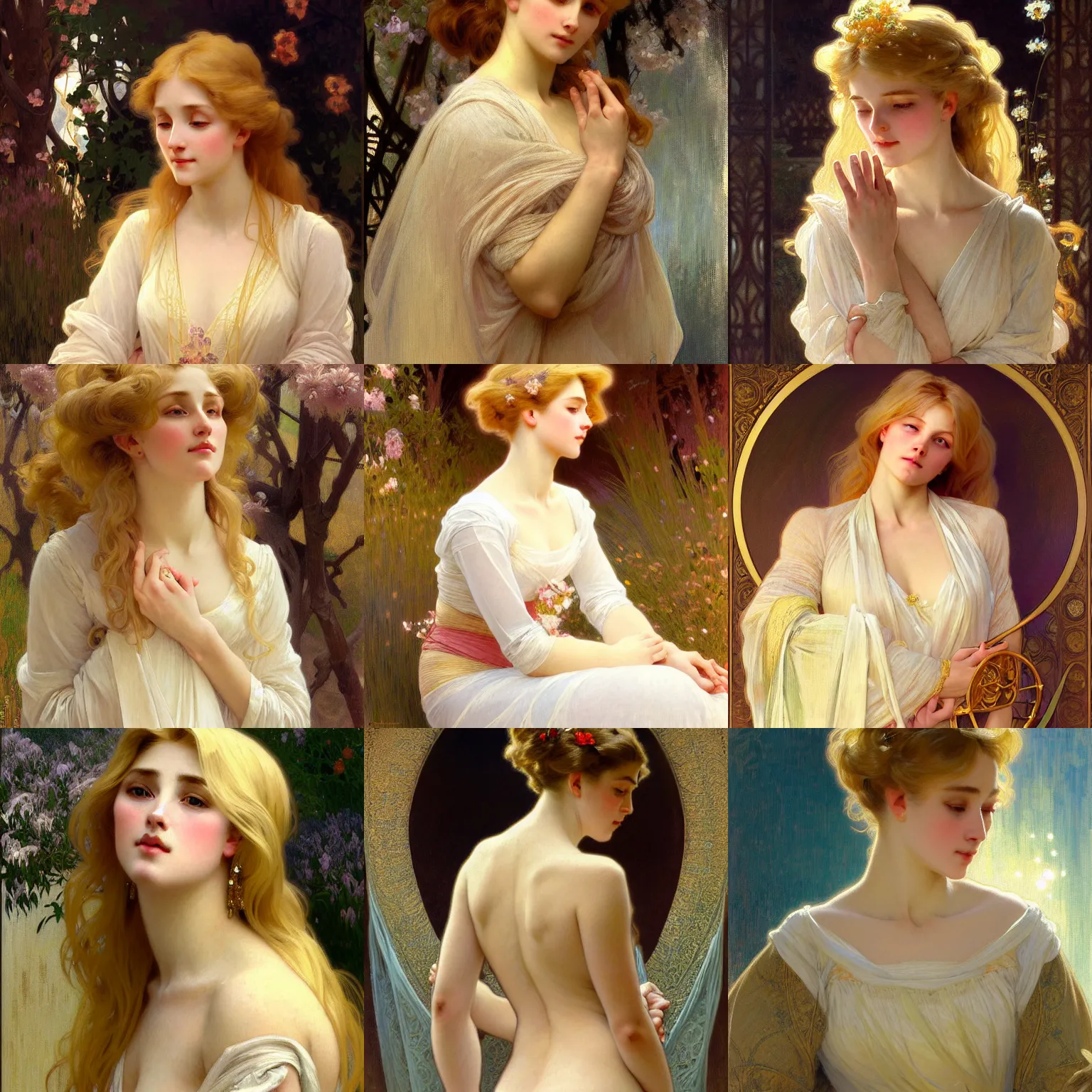 Prompt: painted portrait of a shy wife blessed by god with ever - increasing intelligence beauty and virtue. blonde, modest well - endowed holy body, light effect. feminine, powerful, in clothes! intricate, elegant, highly detailed, digital painting, artstation, concept art, smooth, sharp focus, illustration, art by gaston bussiere and alphonse mucha