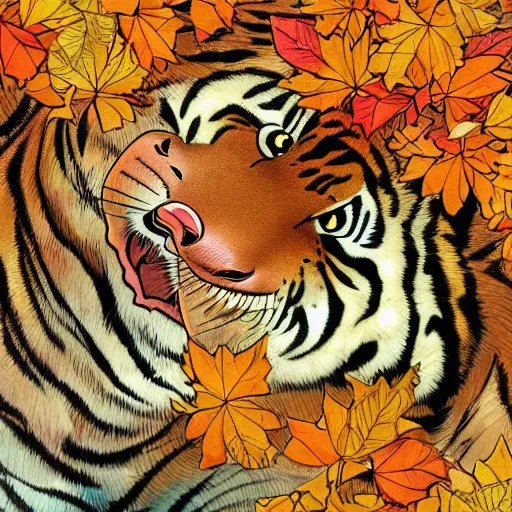 Image similar to a highly detailed cartoon cute tiger flapping a fan under sun, autumn leaves on the ground, concise lines, ultradetailed environment, sharp focus, cinematic lighting, by alphonse maria mucha and kim jung gi