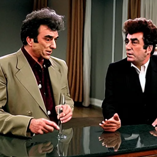 Image similar to columbo and cosmo kramer discussing the finer things of life