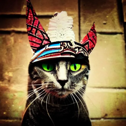 Image similar to “Photo of a cat wearing a pharaoh\'s headdress in an alley, synthwave, 8K, hyper realistic, award winning photo”