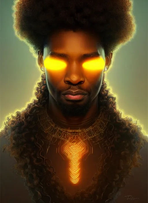 Prompt: symmetry!! portrait of african man warrior, curly hair, tech wear, glowing lights!! intricate, elegant, highly detailed, digital painting, artstation, concept art, smooth, sharp focus, illustration, art by artgerm and greg rutkowski and alphonse mucha