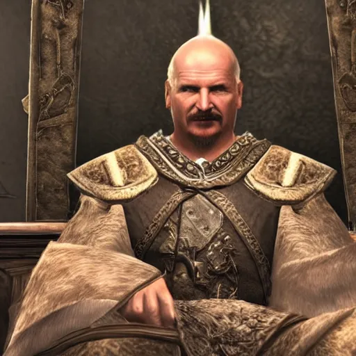 Image similar to Alexander Lukashenko as a Jarl in The Elder Scrolls V: Skyrim sitting on his throne in a slumped pose