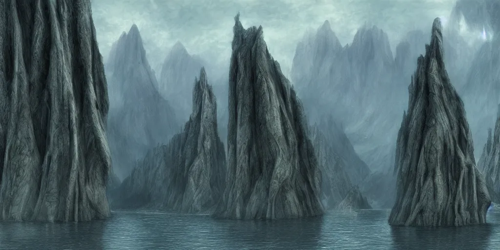 Prompt: Argonath statues at the river Anduin, evening, detailed matte painting, cinematic, Alan Lee, Artstation