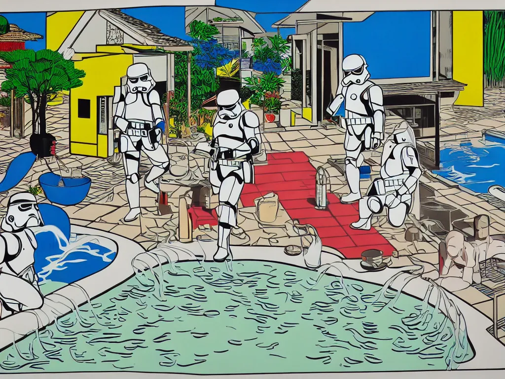 Image similar to hyperrealism composition of the japanese house with a hot springs in the garden, two detailed stormtroopers bathe in a hot spring, pop - art style, jacky tsai style, andy warhol style, roy lichtenstein style, acrylic on canvas