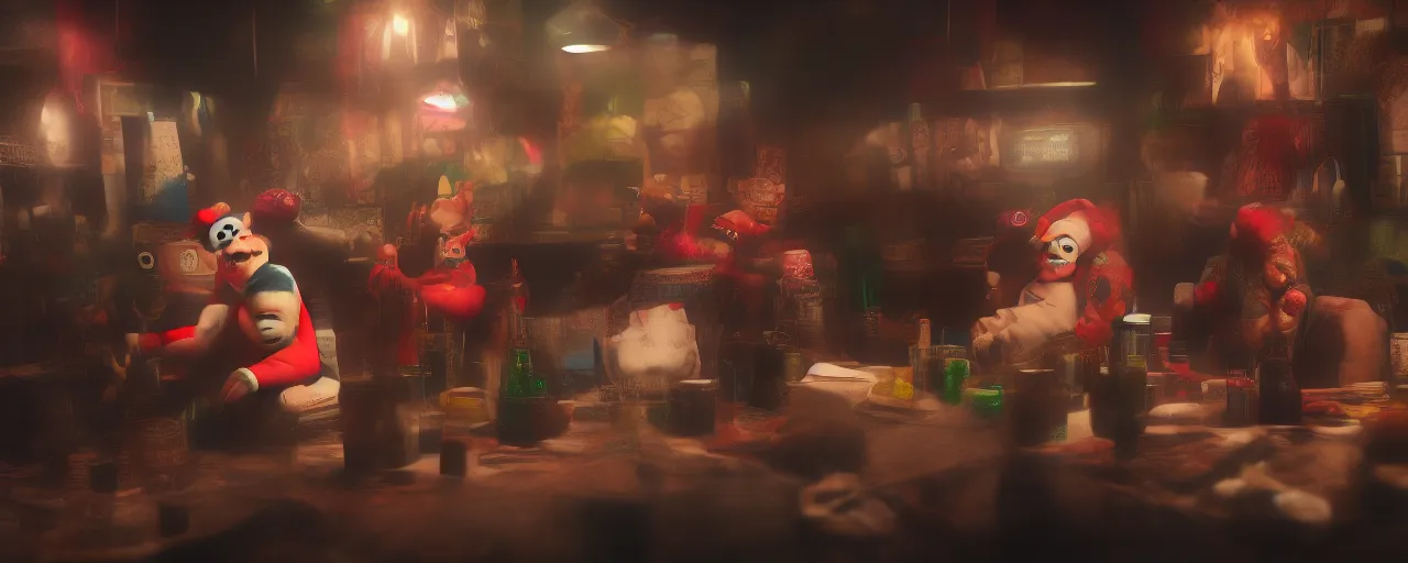 Image similar to clown gang drinking, wide angle, extreme detail, matte painting, concept art, cgsociety, octane render, trending on artstation, artstationHD, artstationHQ, unreal engine, 4k, 8k