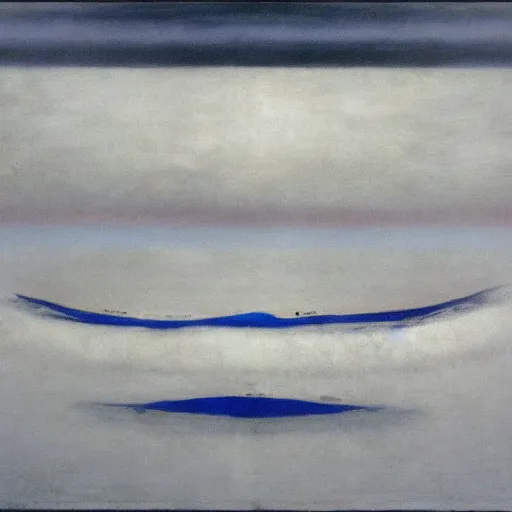Image similar to the epic abstract painting'blue arctic void with black and red aurora borealis above a minimalist inuit sculpture made of whale rib bones ', by caspar david friedrich!!!, by rothko!!!, stunning masterpiece, trending on artstation