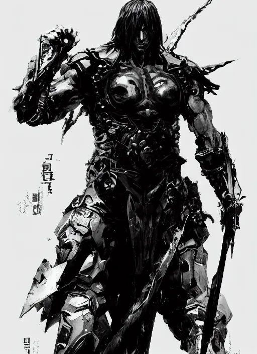 Image similar to Full body portrait of giant Nicholas Cage with a giant black blade. In style of Yoji Shinkawa and Hyung-tae Kim, trending on ArtStation, dark fantasy, great composition, concept art, highly detailed, dynamic pose.