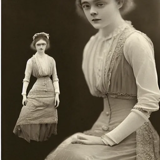Prompt: Edwardian photograph of Elle Fanning, silk dress, 1910s, 1900s, 1920s, grainy, detailed, realistic