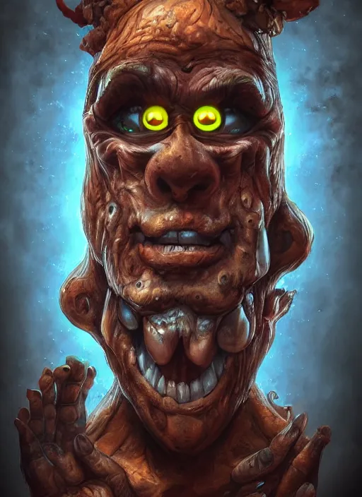 Prompt: occult fred flinstone with glowing haunted eyes, metal skin, intricate, elegant, highly detailed, centered, digital painting, artstation, concept art