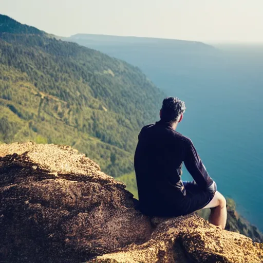 Prompt: man sitting on cliff looking at galaxy