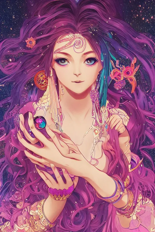 Image similar to psychedelic, intricate, highly detailed, anime, 4k, beautiful seductive woman holding a crystal containing the universe, with professional makeup, long trippy hair, surrounded by gems, underneath the stars, trending on patreon, deviantart, twitter, artstation, volumetric lighting, heavy contrast, by artgerm and Ilya Kuvshinov and alphonse mucha