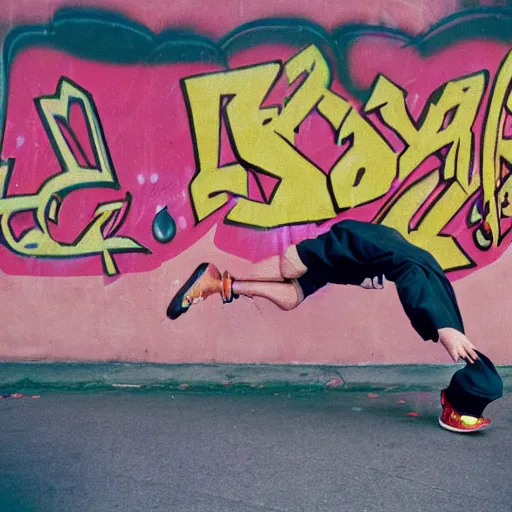 Image similar to 1990s candid photography of ugly dork wearing a fez hat breakdancing in public, cinematic, film grain, ultraviolet graffiti on walls