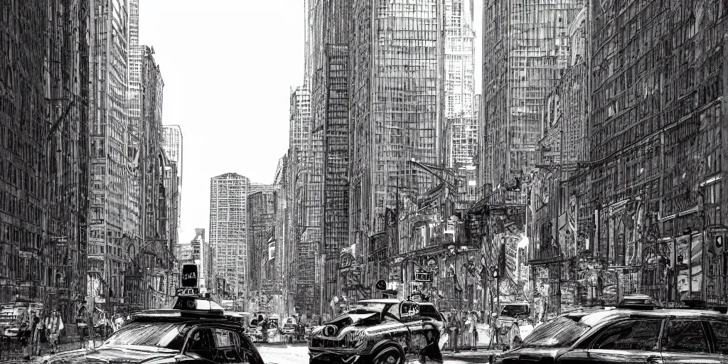 Image similar to cartoonish taxi through the streets of chicago, black and white, night time, dramatic lighting, german expresionism, noir film, character sheet, fine details, concept design, contrast, kim jung gi, greg rutkowski, trending on artstation, 8 k, full body, turnaround, front view, back view, ultra wide angle