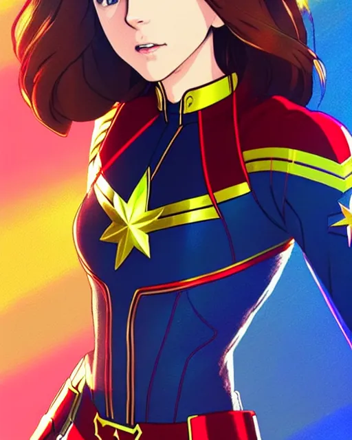 Image similar to Anime as Anna Kendrick playing Captain Marvel || cute-fine-face, pretty face, realistic shaded Perfect face, fine details. Anime. realistic shaded lighting poster by Ilya Kuvshinov katsuhiro otomo ghost-in-the-shell, magali villeneuve, artgerm, Jeremy Lipkin and Michael Garmash and Rob Rey as Captain Marvel in New York cute smile