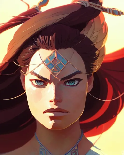 Prompt: azctec warrior, ( margot robbie ), detailed perfect face, exquisite details, fire magic, mid view, design on a white background, by studio muti, greg rutkowski makoto shinkai takashi takeuchi studio ghibli