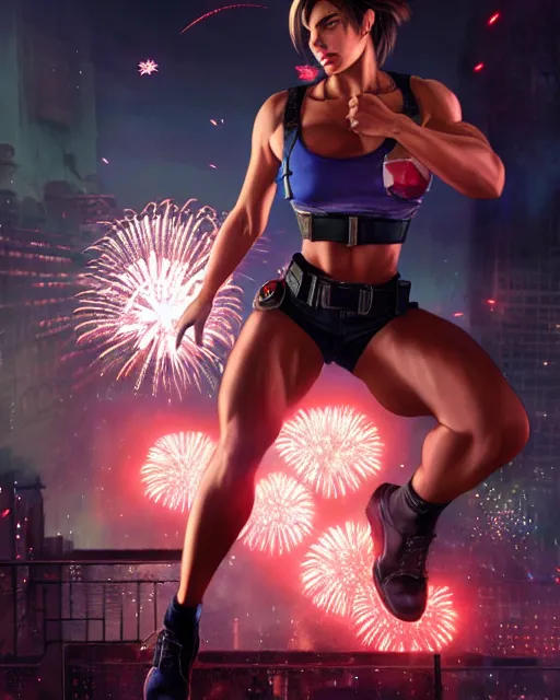 Image similar to gigachad jill valentine bodybuilder jumping in front of a fireworks show fighting in racoon city, fantasy character portrait, ultra realistic, anime key visual, full body concept art, intricate details, highly detailed by greg rutkowski, ilya kuvshinov, gaston bussiere, craig mullins, simon bisley