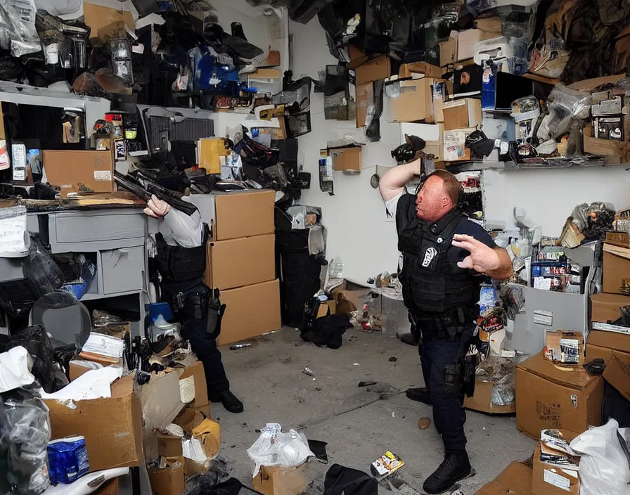 Prompt: Alex Jones in his garage office INFOWARS studio Alex Jones fighting SWAT police, surrounded by boxes of herbal supplements and trash, a group of SWAT police, tear gas and smoke, detailed photograph high quality