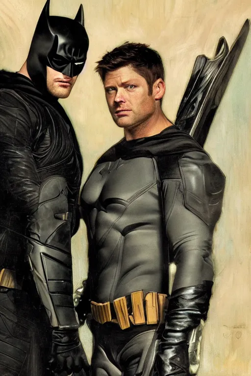 Image similar to a detailed matte portrait of jensen ackles and misha collins dressed as batman and robin, masterpiece, 8 k, art by alphonse mucha and greg rutkowski