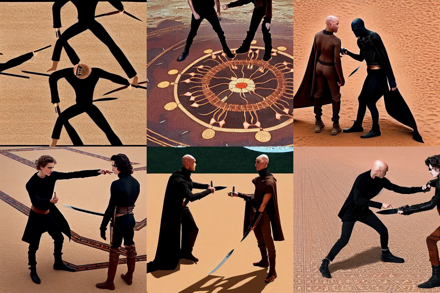 Prompt: knife-fight duel between bald_hairless_Austin_Butler-dressed-in-black and Timothee_Chalamet_dressed-in-brown-felt, on a mosaic floor, inspired by Dune 2020, detailed faces