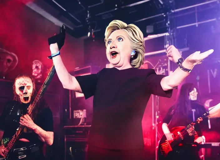 Image similar to publicity photo still of hillary clinton in a death metal band playing live on stage, 8 k, live concert lighting, mid shot