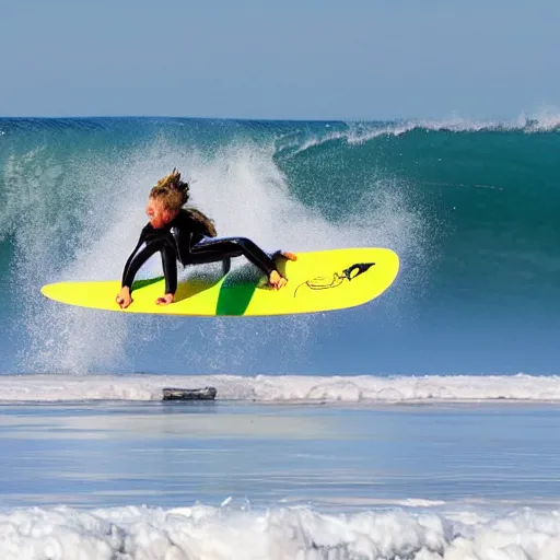 Prompt: a surfer using a snowboard to surf a wave, action photo