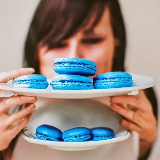 Prompt: photo of robin standing in a plate filled with blue macaroons