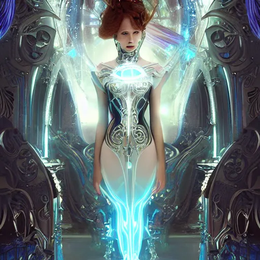 Prompt: A still of an ethereal, mysterious stunning maximalist mesmerizing elven girl from the rainbow sky paradise in Tron: Legacy (2010), high-tech, Victorian gothic lolita fashion, highly detailed, very beautiful painting by artgerm and WLOP, medium shot, cinematic lighting, concept art, artstation, D&D RPG portrait