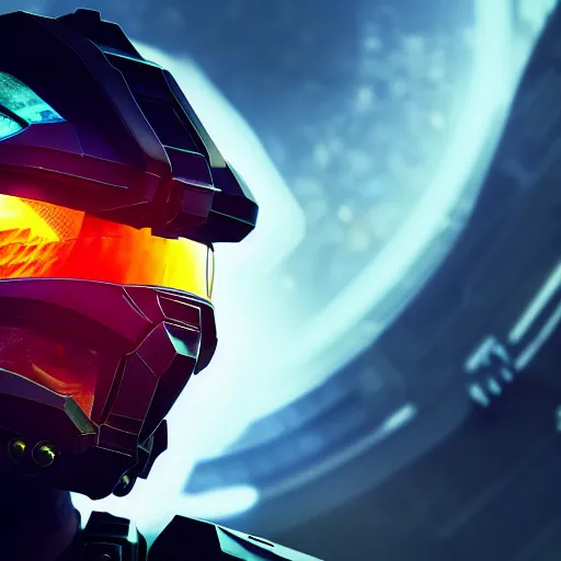 Image similar to cyberpunk halo helmet on space, close shot, reflection, epic, dramatic, cinematic, award winning, ultra detailed, realistic, 8k,