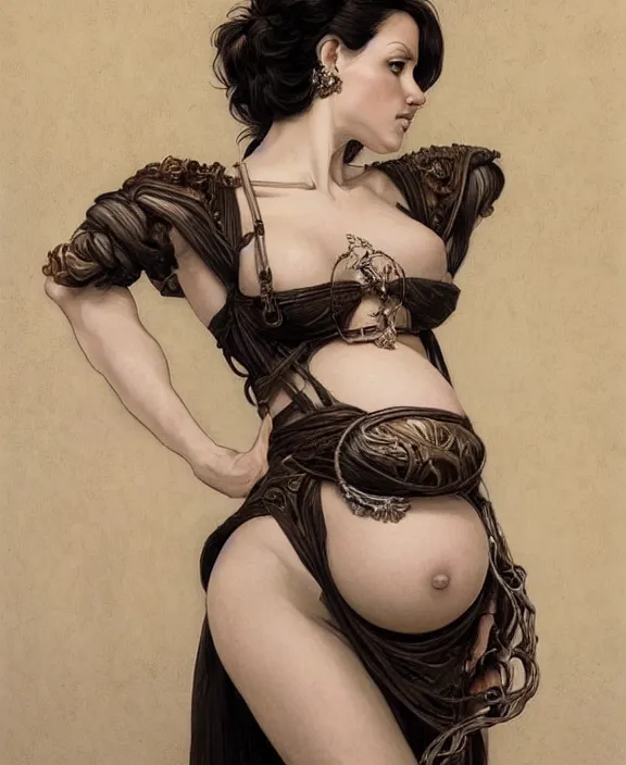 Image similar to a highly detailed portrait of a pregnant woman, intricate leather set, honey birdette, kinbaku, deep focus, d & d, fantasy, intricate, elegant, highly detailed, digital painting, artstation, concept art, matte, sharp focus, illustration, hearthstone, photography of charline von heyl, art by artgerm and greg rutkowski and alphonse mucha