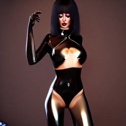 Image similar to feminine hot pale goth woman with tight curvy shiny outfit, photorealistic, sublime, welcoming posture, 16k, smooth, sharp focus, cgsociety, ArtStation, volumetric lighting