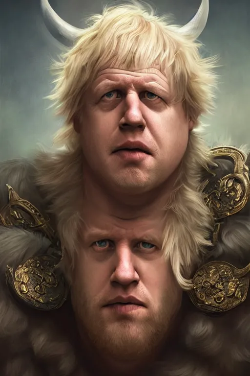 Image similar to Boris Johnson as Odin, Boris Johnson hairstyle, full body realistic portrait, highly detailed, muscular body, digital painting, artstation, concept art, smooth, sharp focus, illustration, cinematic lighting, art by artgerm and greg rutkowski and alphonse mucha