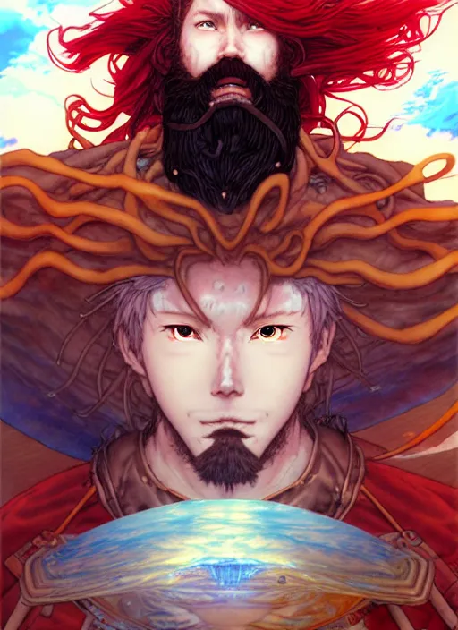 Image similar to prompt : ragnarok online portrait soft light painted by james jean and katsuhiro otomo and erik jones, inspired by akira anime, epic fantasy, a long red haired, red bearded male sky - pirate in front of an airship, intricate oil painting, high detail illustration, sharp high detail, manga and anime 1 9 9 9