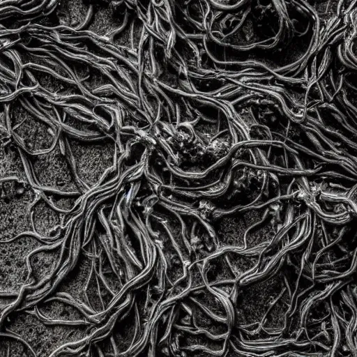 Prompt: photograph of a pitch black, tar - like fungus with lots of tendrils spreading everywhere, intricate detail, goopy, deep black tendrils, infestation