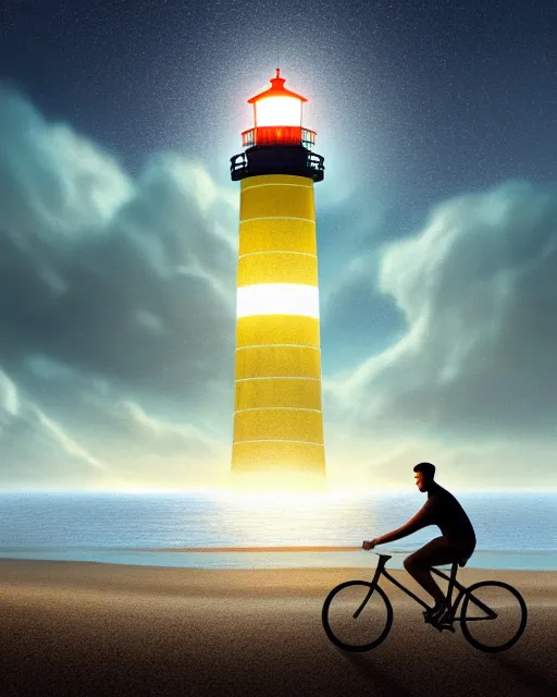 Image similar to photo of man riding a bicycle along the beach that is lit by glowing organisms underwater toward a lighthouse in the distance, wide horizon, large white clouds, intricate, elegant, highly detailed, digital painting, artstation, concept art, smooth, sharp focus, illustration, art by artgerm and greg rutkowski and fra angelico