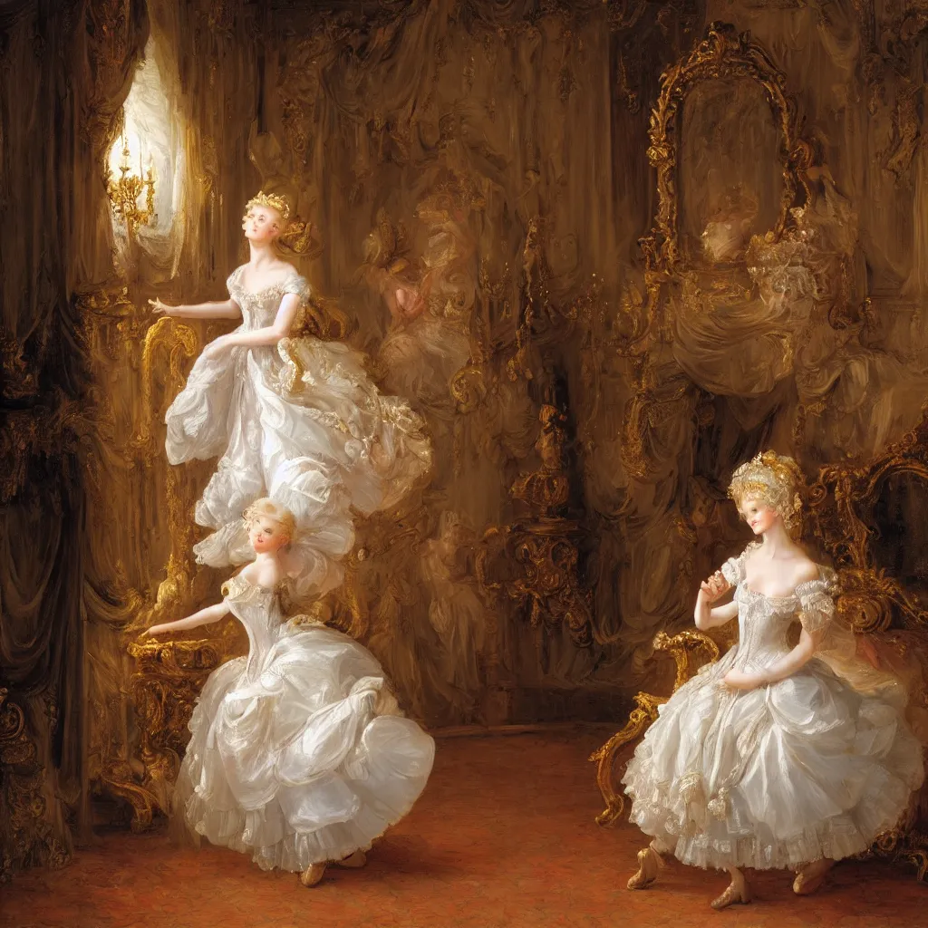 Image similar to a young girl with blond hair danced in the splendid palace, palace dance, dress in the style of rococo, dreamy, romantic, night lighting, highly detailed, expressive impressionist style, 8 k