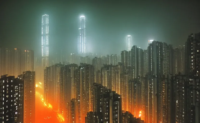 Prompt: 35mm atmospheric urban photographic landscape of Hong Kong 20XX, Blade Runner 1982 city, futuristic dystopian megacity skyline with towering mega-skyscrapers, falling rain, neon, industrial fires and smog