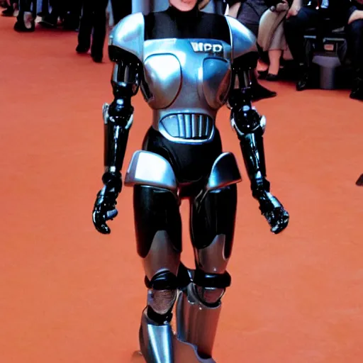 Prompt: robocop with costume design by vivienne westwood, award winning