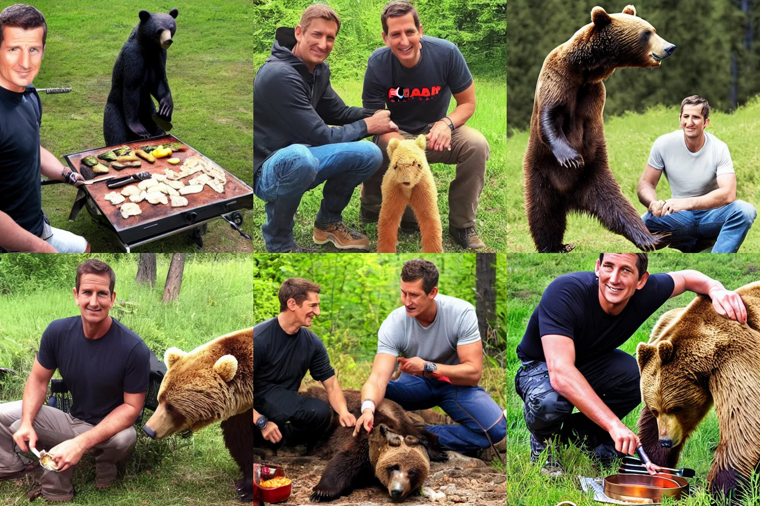 Prompt: Bear Grylls grills with a bear
