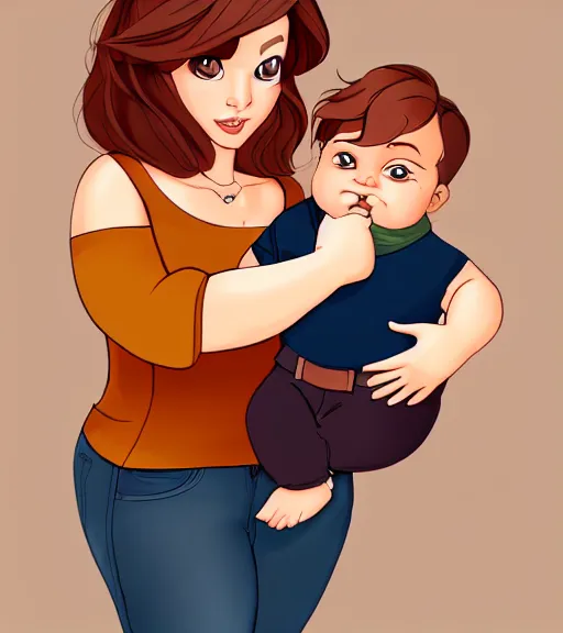 Image similar to a mother with short shoulder length auburn hair, short and curvy and a slightly chubby face holding her infant son with short brown hair full color digital illustration in the style of don bluth, artgerm, artstation trending, 4 k