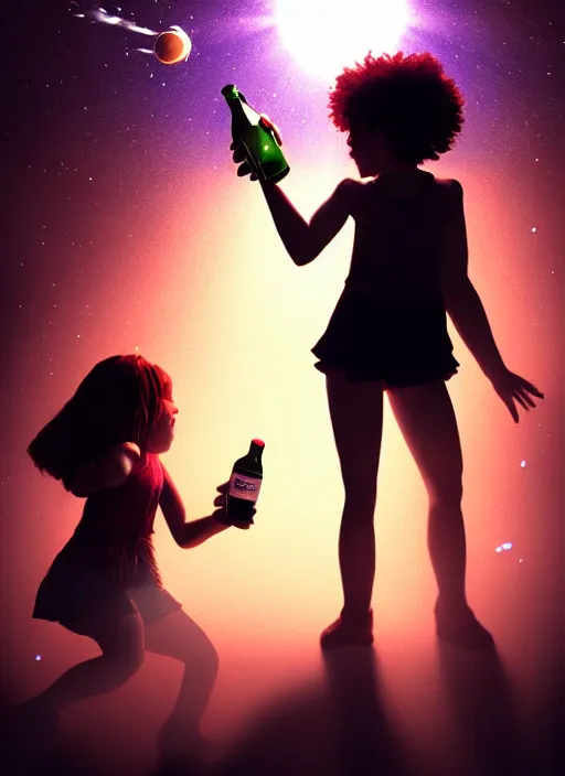 Image similar to girl shakes a bottle containing the sun and the milky way in a dimly lit room. fantasy art, horror, nightmare, photo realistic, dynamic lighting, artstation, poster, volumetric lighting, very detailed faces, 4 k, award winning