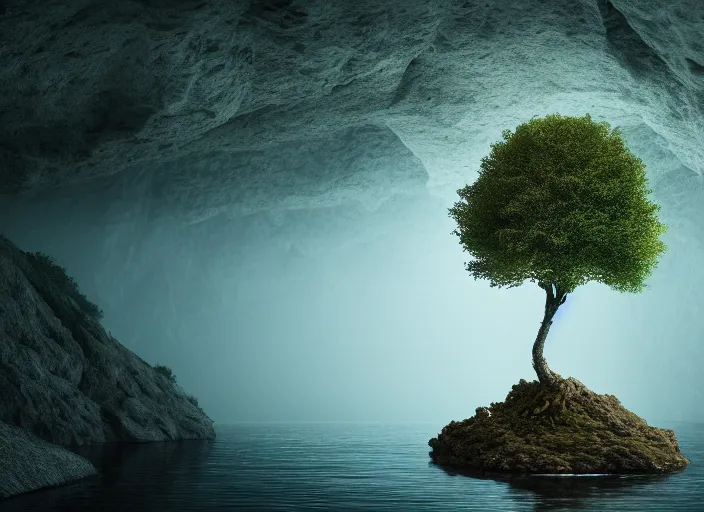 Image similar to a small tree on an island in a river in an underground cave. fantasy magic style. highly detailed 8 k. intricate. lifelike. soft light. sony a 7 r iv 5 5 mm. cinematic post - processing