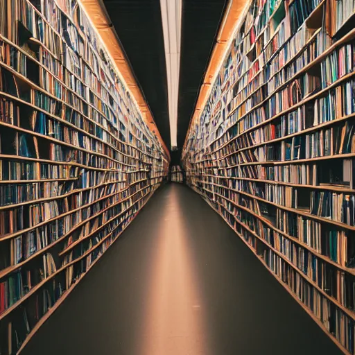 Prompt: infinite tunnel made of curved bookshelfs, leica summilux 3 5 mm f / 1. 4