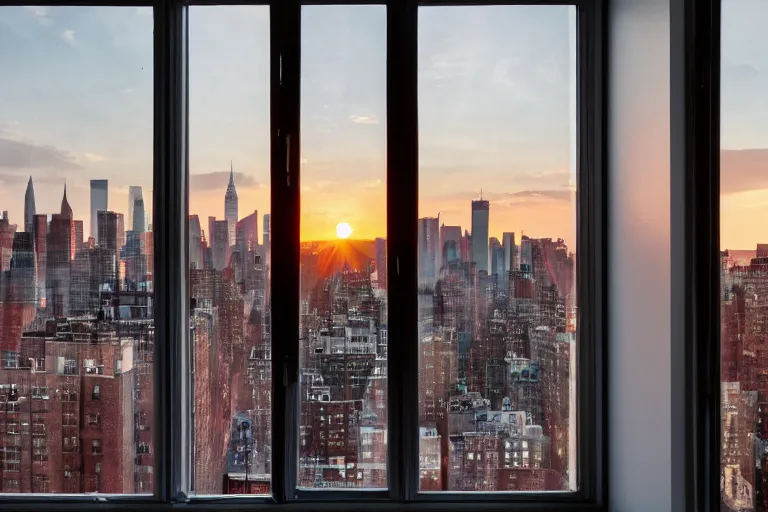 Image similar to photograph inside an apartment with large window overlooking manhattan new york city, sunrise!! dawn, early morning light, cinematic, epic scene, volumetric light, highly detailed, 24mm, f8, fujifilm, Daniel Kordan, Flickr, 500px,