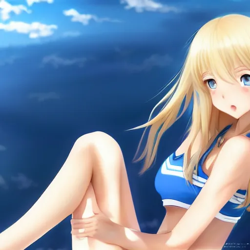Image similar to a very beautiful young anime tennis girl, long blond hair, full body, ( sky blue eyes ), ( full round face ), short smile, bikini, miniskirt, highly detailed, cinematic wallpaper by stanley artgerm lau