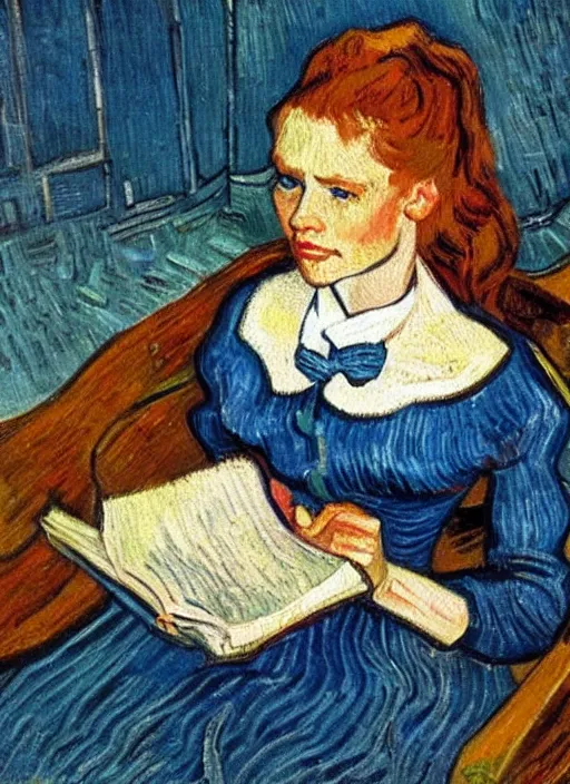 Image similar to lifelike oil painting portrait of belle reading a book by van gogh