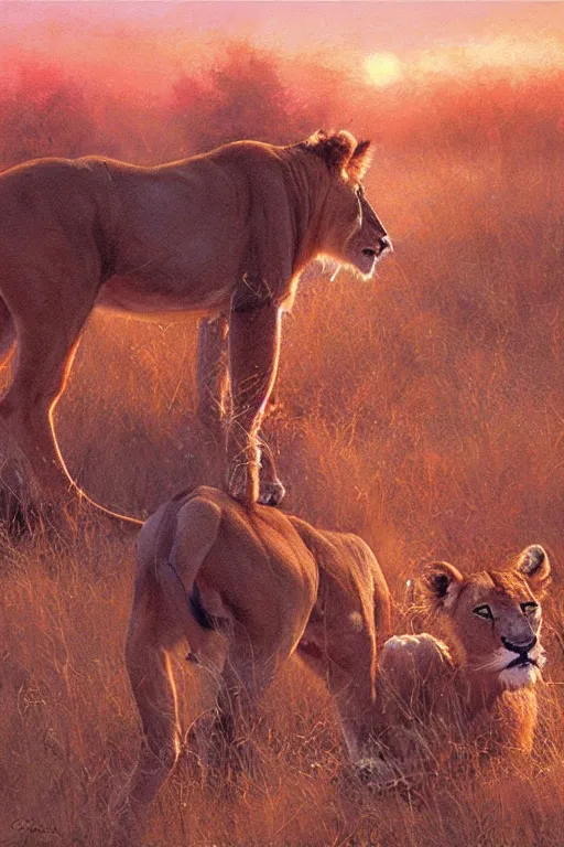 Prompt: spiritual twin flame lioness hunting deer art, pink sunset hue, highly detailed, oil painting hue, by craig mullins